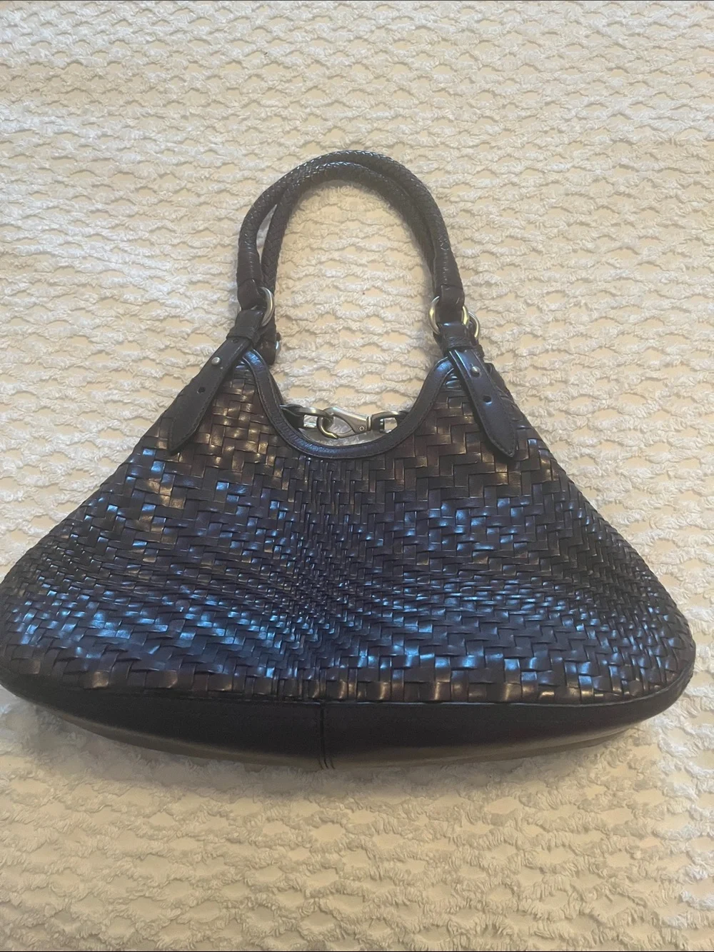 Cole Haan Woven Leather Shoulder Bag - Navy Blue Leather - Picture 2 of 12